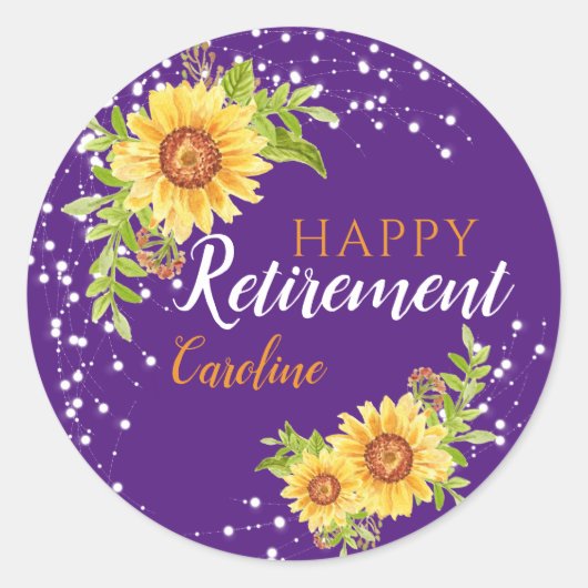 Happy Retirement Bloemen Zonnebloem Paarse Ronde Sticker (Voorkant)
