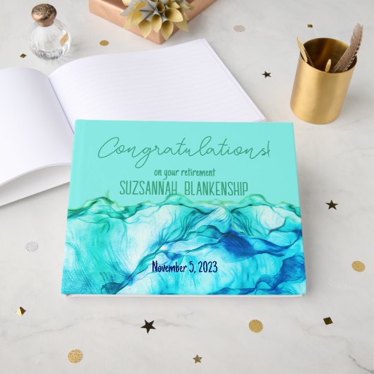 Happy Retirement Blue Green Waterverf Custom Gastenboek (Voorkant open)