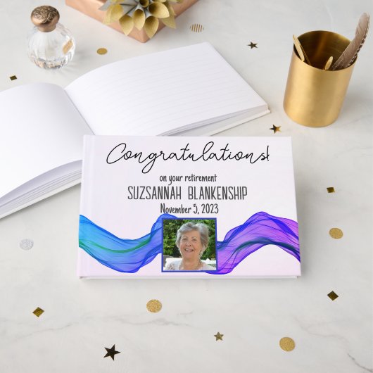 Happy Retirement Blue Paars Waterverf Aangepast Gastenboek (Voorkant open)