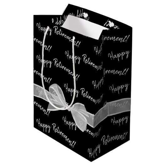 Happy Retirement bow op zwart Medium Cadeauzakje (Achterkant Gekanteld)