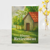 Happy Retirement Card | Peaceful Cottage Landscape Kaart (Gele Bloem)