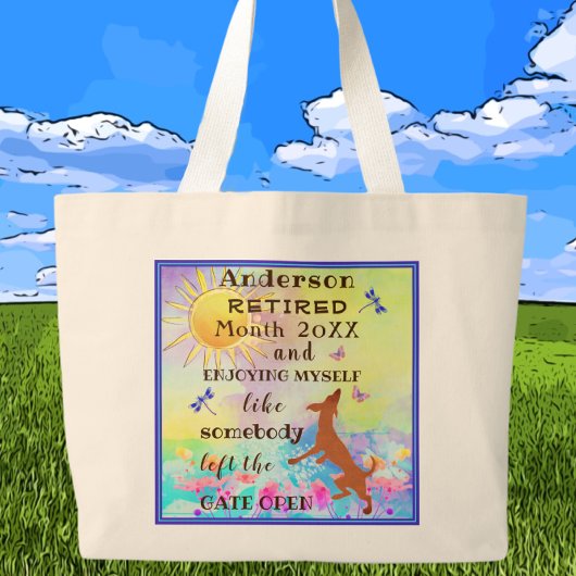 Happy Retirement Cute Dancing Dog Jumping with Joy Grote Tote Bag