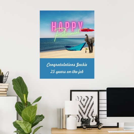Happy Retirement Funny Surreal Beach Scene Poster (Thuiskantoor)