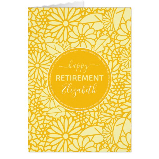 Happy Retirement geel madeliefje patroon naam (Voorkant)