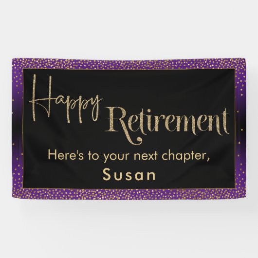 Happy Retirement Gold Confetti, felle Paarse Spandoek (Horizontaal)