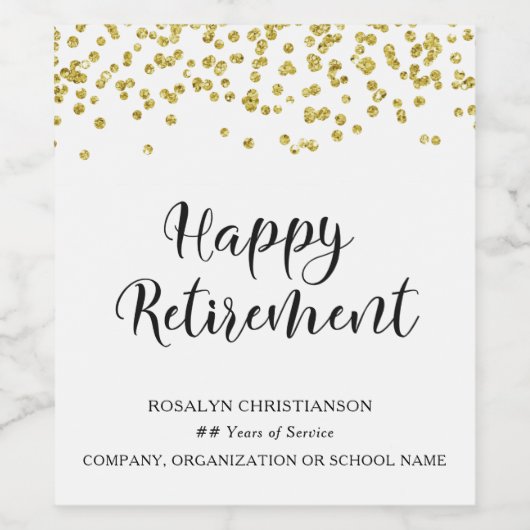 Happy Retirement Gold Confetti gepersonaliseerd Wijn Etiket (Enkel label)