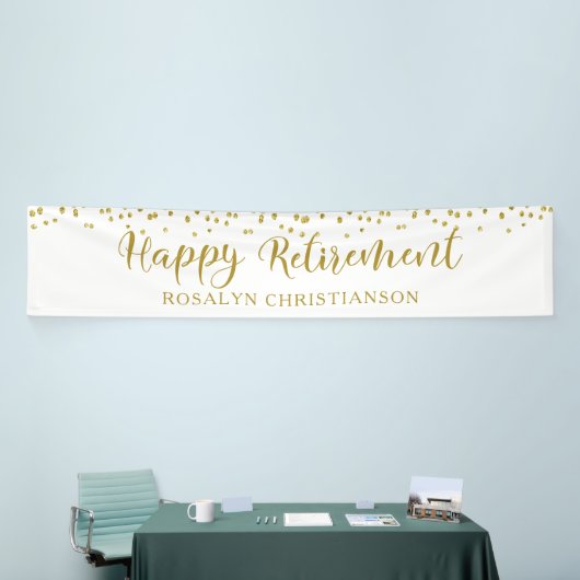 Happy Retirement Gold Confetti Script Aangepast Spandoek (Beurs)