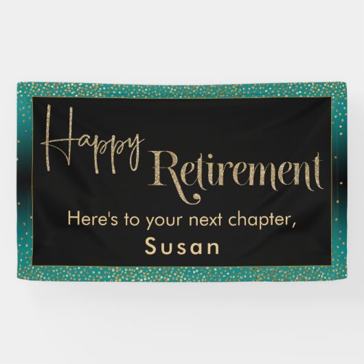 Happy Retirement Gold Glitter Confetti Blauwgroen  Spandoek (Horizontaal)