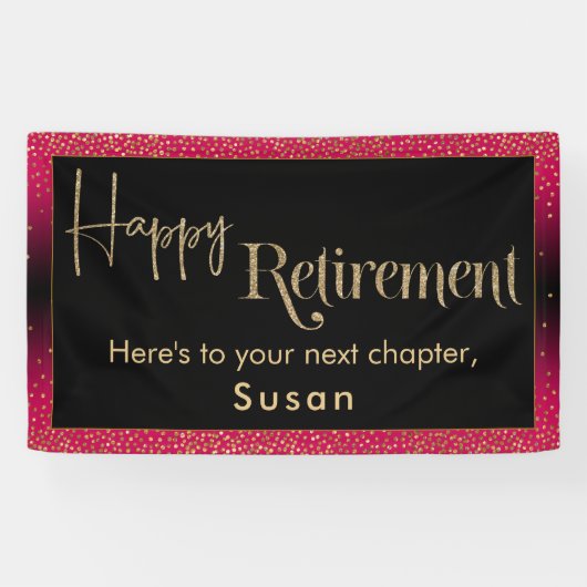 Happy Retirement Gold Glitter Confetti Framboos Spandoek (Horizontaal)