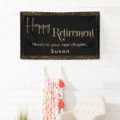 Happy Retirement Gold Glitter Confetti op zwart Spandoek (Insitu)
