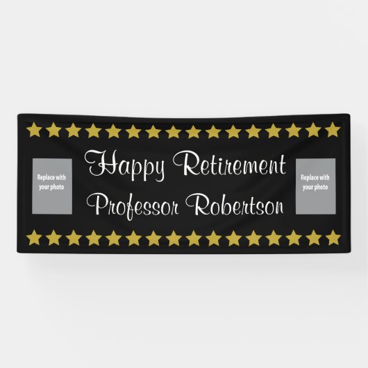 Happy Retirement met gouden sterren en foto's Spandoek (Horizontaal)