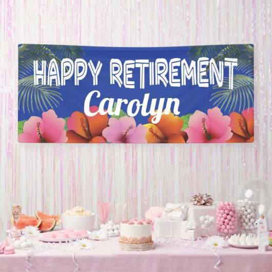 Happy Retirement met tropische palmen en bloemen Spandoek (Feest)
