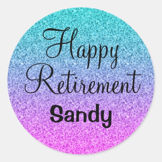 Happy Retirement Ombre Pink Blue Paars Glitter Ronde Sticker (Voorkant)