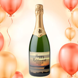 Happy Retirement Oranje Sunset met naam Sparkling Wijnetiket