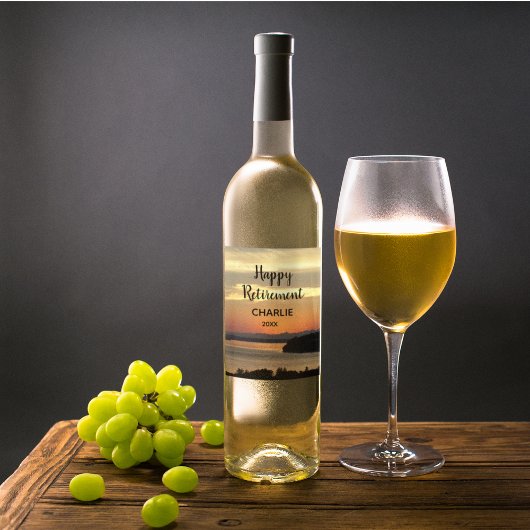 Happy Retirement Oranje Sunset met naam Wijn Etiket