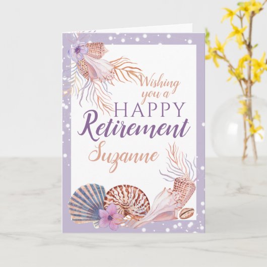 Happy Retirement Paarse Seashell Coral Kaart (Gele Bloem)