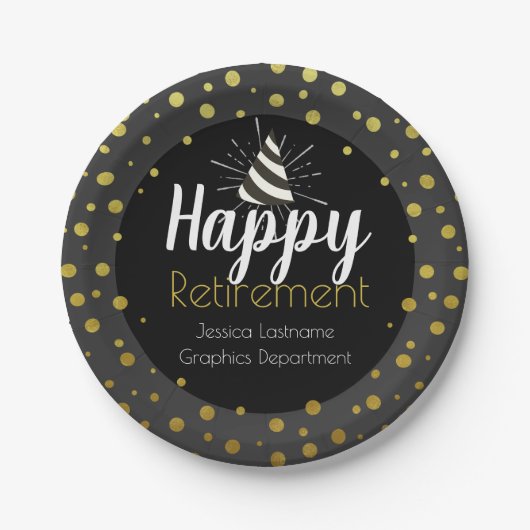 Happy Retirement Party Personalized Gold Confetti Papieren Bordje (Voorkant)