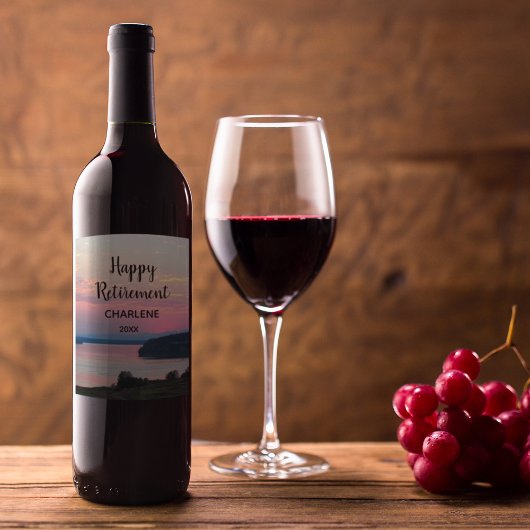 Happy Retirement Pink Sunset met naam Wijn Etiket