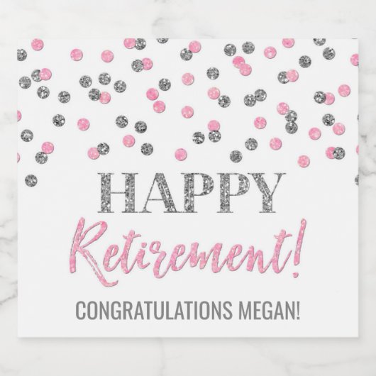 Happy Retirement Roze Silver Confetti Sparkling Wijnetiket (Enkel label)