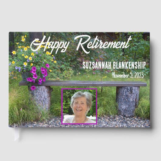 Happy Retirement Rustic Bench Flowers Aangepaste f Gastenboek (Voorkant)