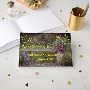 Happy Retirement Rustic Bench Flowers Foto aangepa Gastenboek