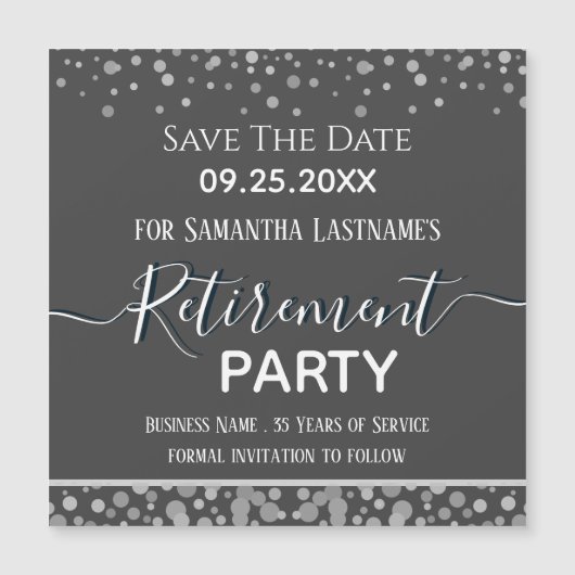 Happy Retirement Silver Confetti Save the Date (Voorkant)