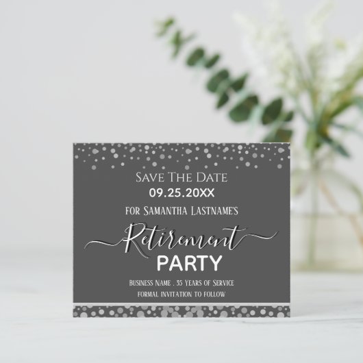 Happy Retirement Silver Confetti Save the Date (Staand voorkant)