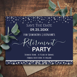 Happy Retirement Silver Confetti Save the Date Kaart