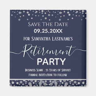 Happy Retirement Silver Confetti Save the Date Magneet
