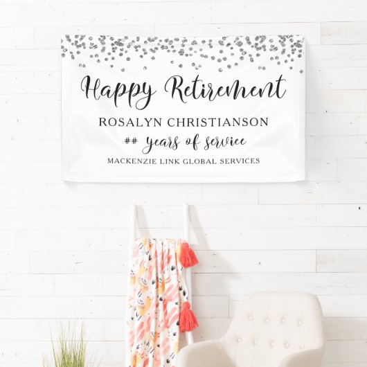 Happy Retirement Silver Confetti Script naam Spandoek (Insitu)