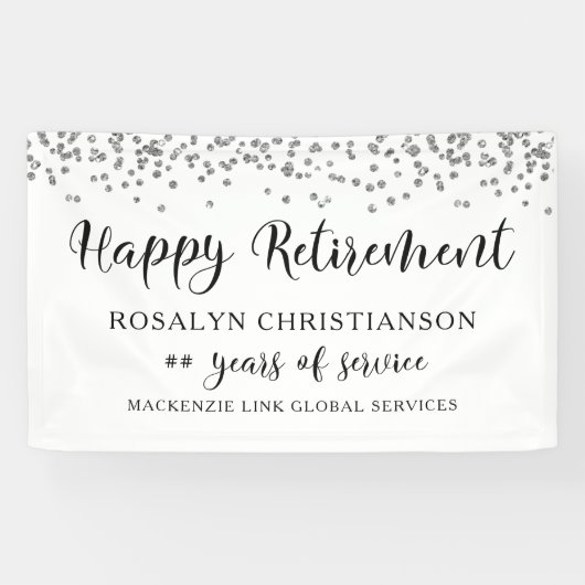Happy Retirement Silver Confetti Script naam Spandoek (Horizontaal)