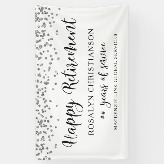 Happy Retirement Silver Confetti Script naam Spandoek (Verticaal)