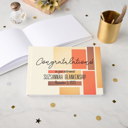 Happy Retirement Sinaasappel Block Abstract Custom Gastenboek (Voorkant open)