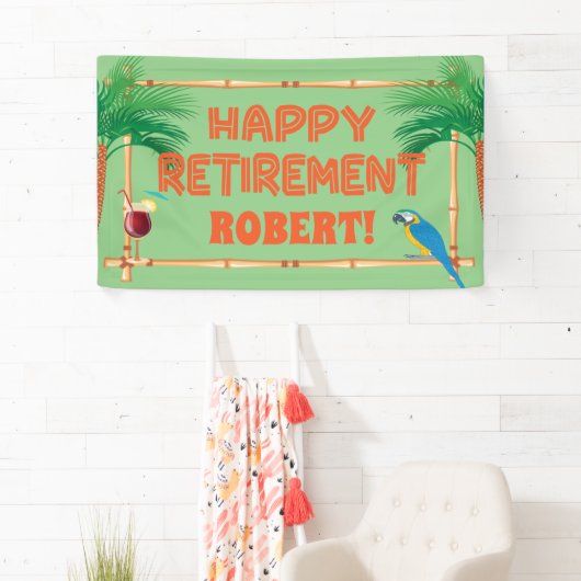 Happy Retirement Tiki Parrot Palm Tree Spandoek (Insitu)