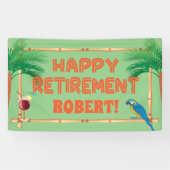 Happy Retirement Tiki Parrot Palm Tree Spandoek (Horizontaal)