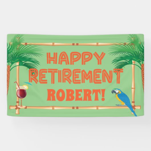 Happy Retirement Tiki Parrot Palm Tree Spandoek (Horizontaal)