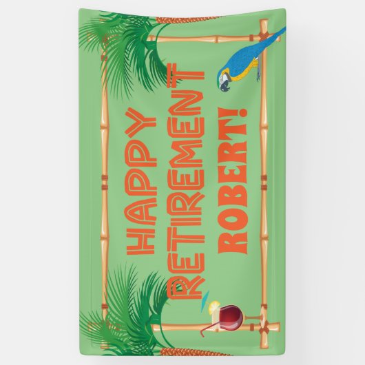 Happy Retirement Tiki Parrot Palm Tree Spandoek (Verticaal)