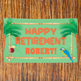 Happy Retirement Tiki Parrot Palm Tree Spandoek