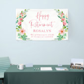 Happy Retirement Tropical Floral Pink Script Spandoek (Beurs)