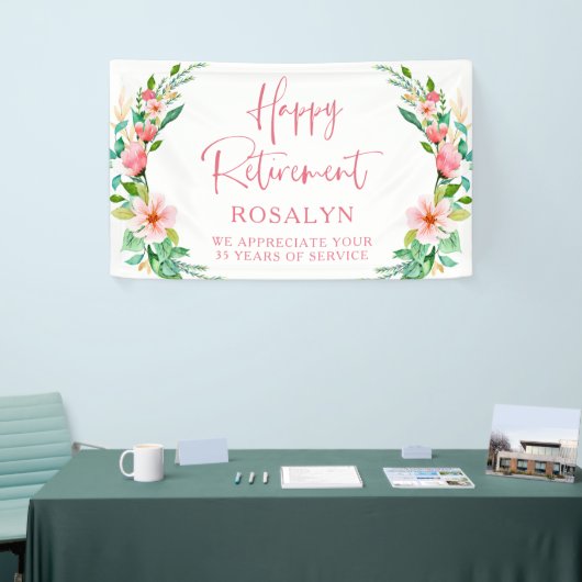 Happy Retirement Tropical Floral Pink Script Spandoek (Beurs)
