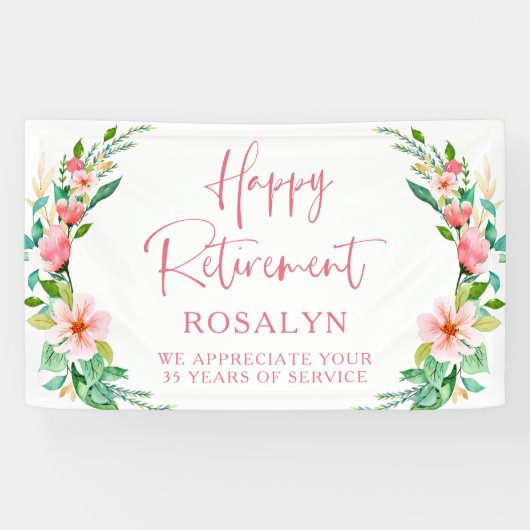 Happy Retirement Tropical Floral Pink Script Spandoek (Horizontaal)