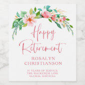 Happy Retirement Tropical Floral Pink Script Wijn Etiket (Enkel label)