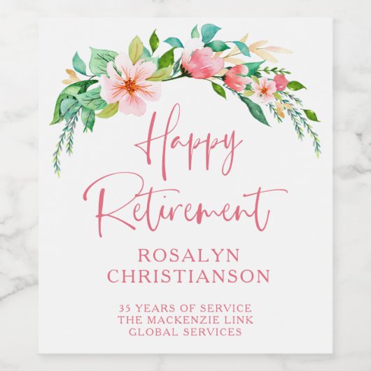 Happy Retirement Tropical Floral Pink Script Wijn Etiket (Enkel label)
