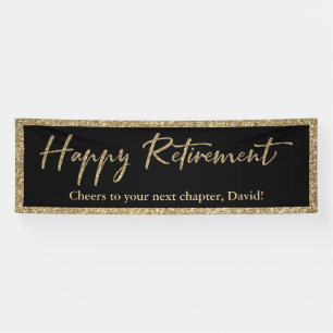 Happy Retirement Typografie Gouden Glitter en Zwar Spandoek