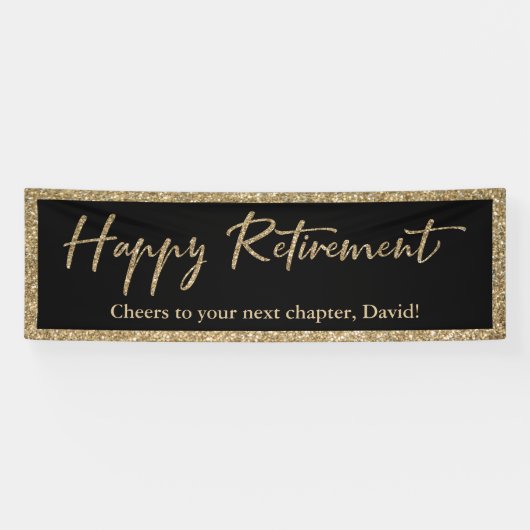Happy Retirement Typografie Gouden Glitter en Zwar Spandoek (Horizontaal)