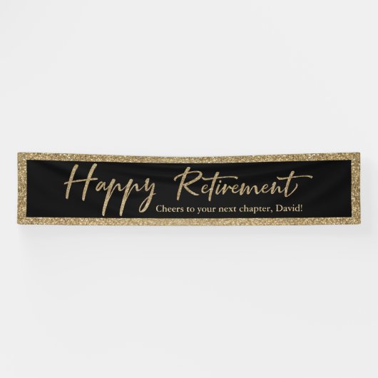 Happy Retirement Typografie Gouden Glitter en Zwar Spandoek (Horizontaal)