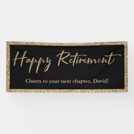 Happy Retirement Typografie Gouden Glitter en Zwar Spandoek (Horizontaal)
