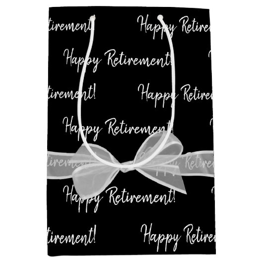 Happy Retirement White Bow op zwart Medium Cadeauzakje (Voorkant)