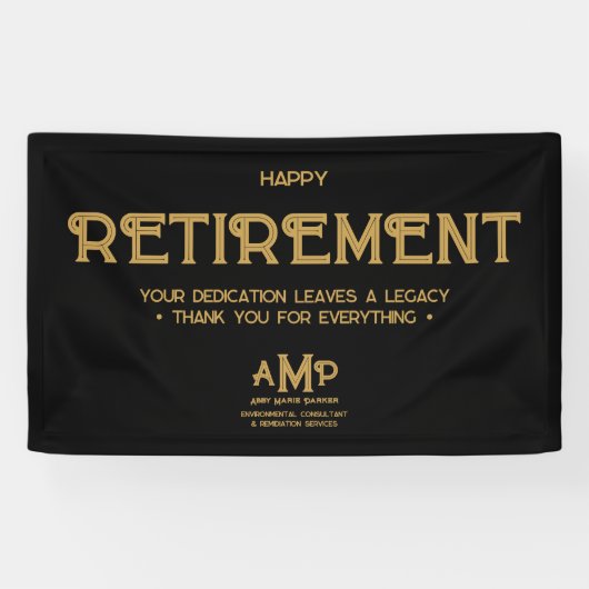 Happy Retirement Zwart en Goud Monogram Spandoek (Horizontaal)