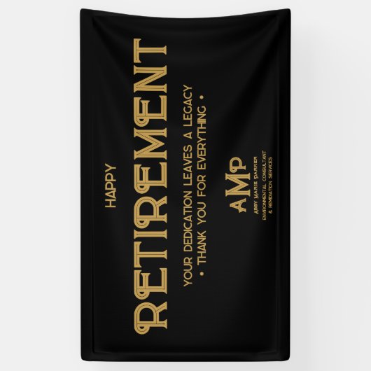 Happy Retirement Zwart en Goud Monogram Spandoek (Verticaal)